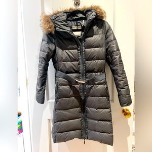 Moncler silver winter coat with fur lined hood and buckle